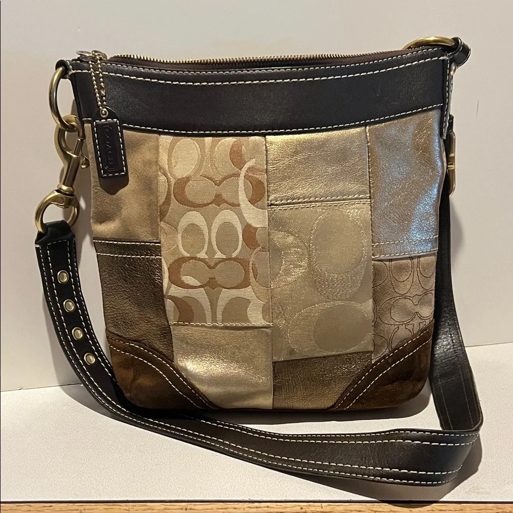 Coach signature Patchwork Crossbody Bag in, Gold, and Brown Leather and suede
